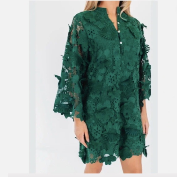 J. Marie Seraphina Dark Green 3D Floral Crochet Mini Tunic Dress Nwt M - Picture 2 of 6